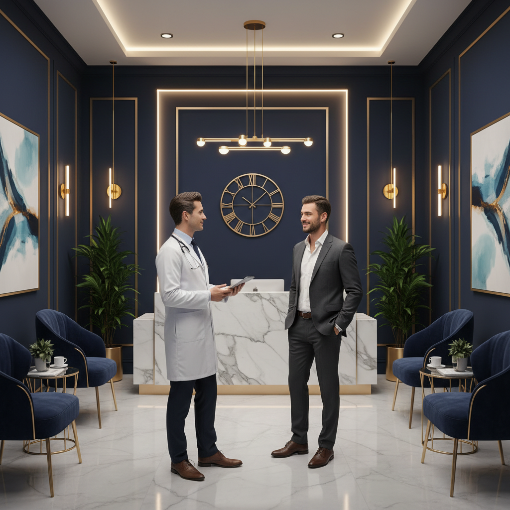 V1 Clinical Authority — Premium medical clinic with navy and gold accents