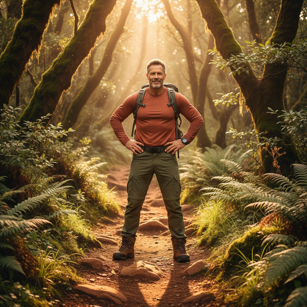 V2 Modern Wellness — Man on nature trail with warm earth tones