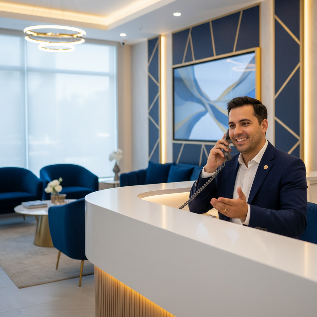 Friendly MensPro Health front desk coordinator assisting a patient by phone