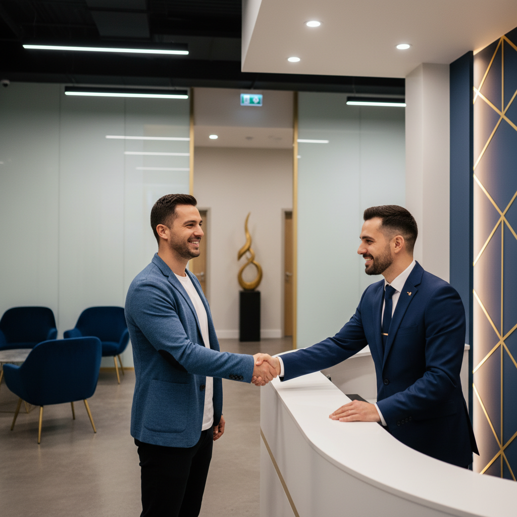 Patient being warmly greeted at the front desk of a MensPro Health clinic