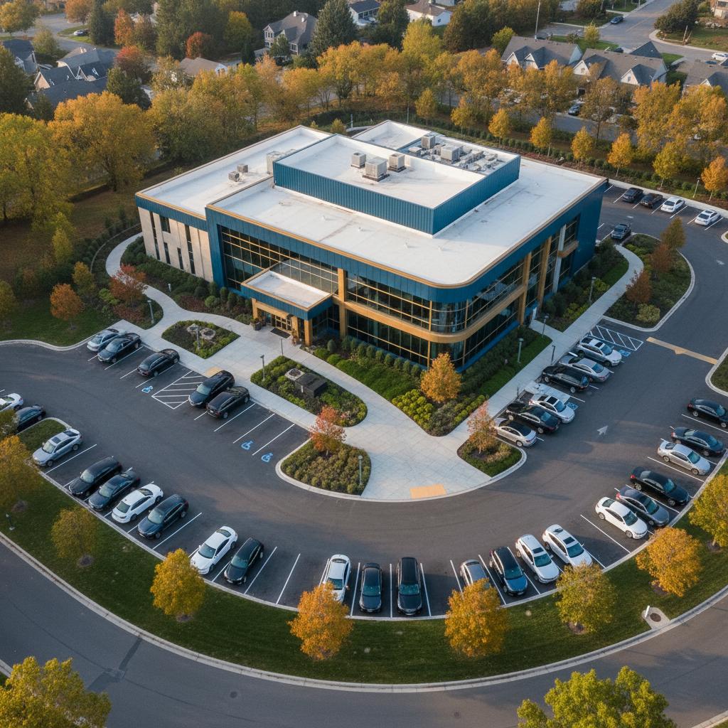 Aerial view of a modern MensPro Health clinic building