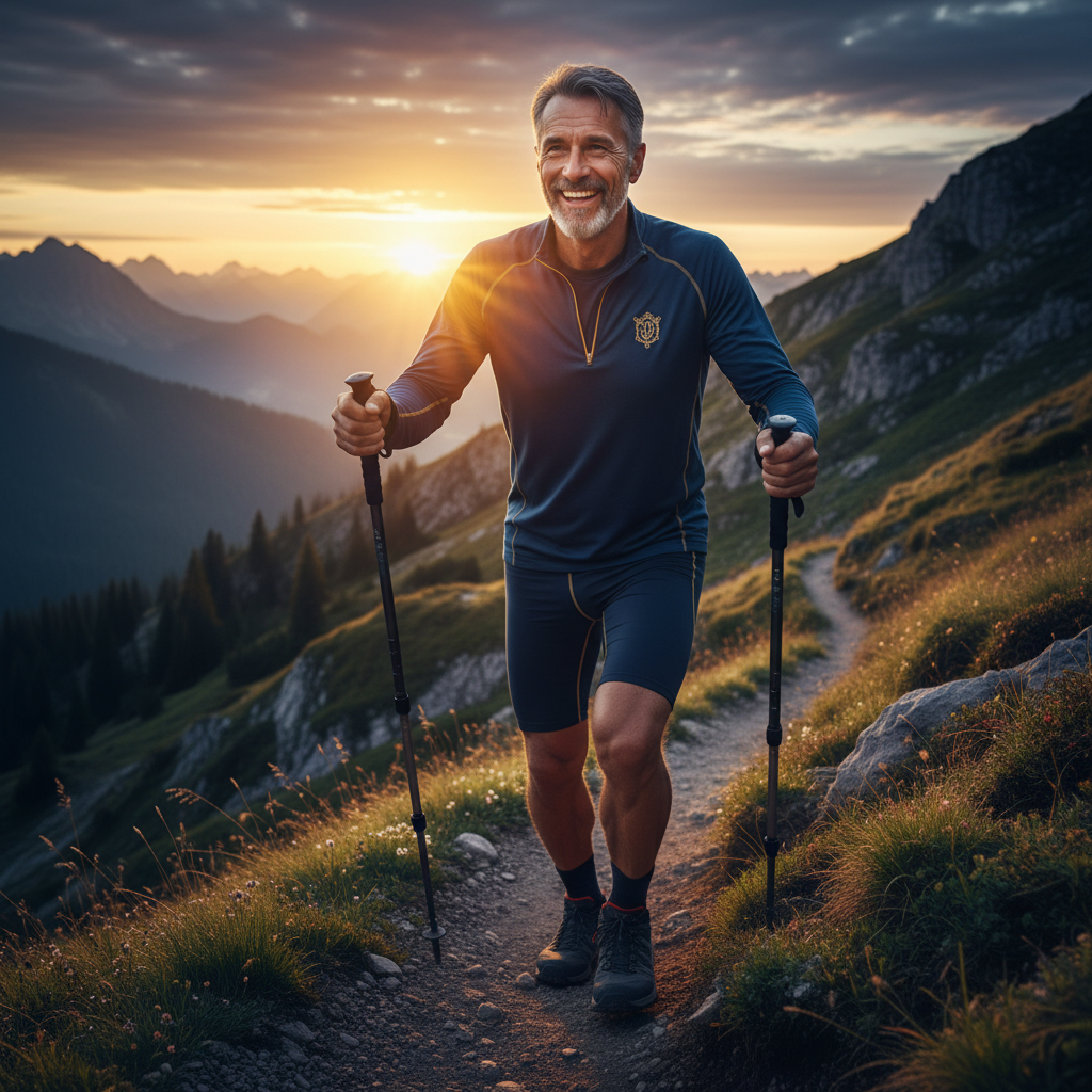 Man hiking at sunrise, representing renewed vitality and energy