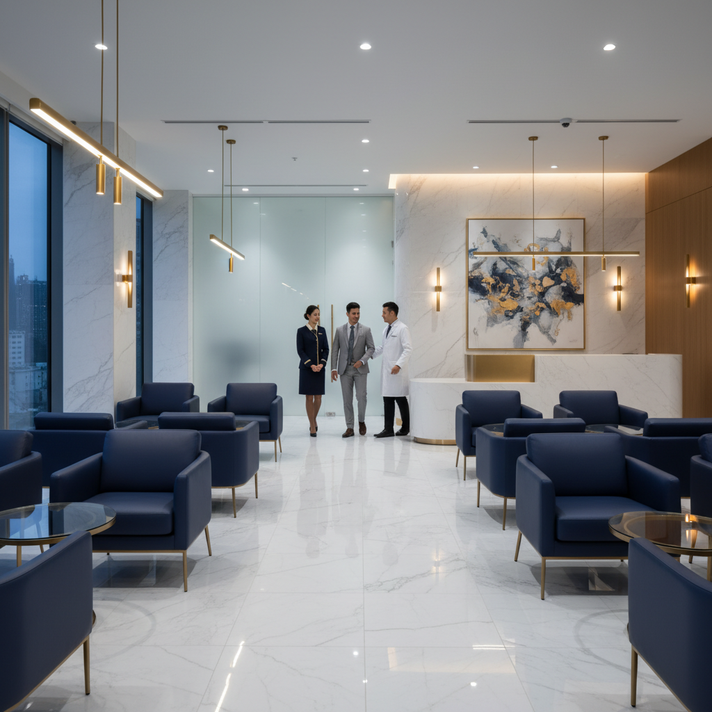 Premium MensPro Health clinic waiting area with modern furnishings