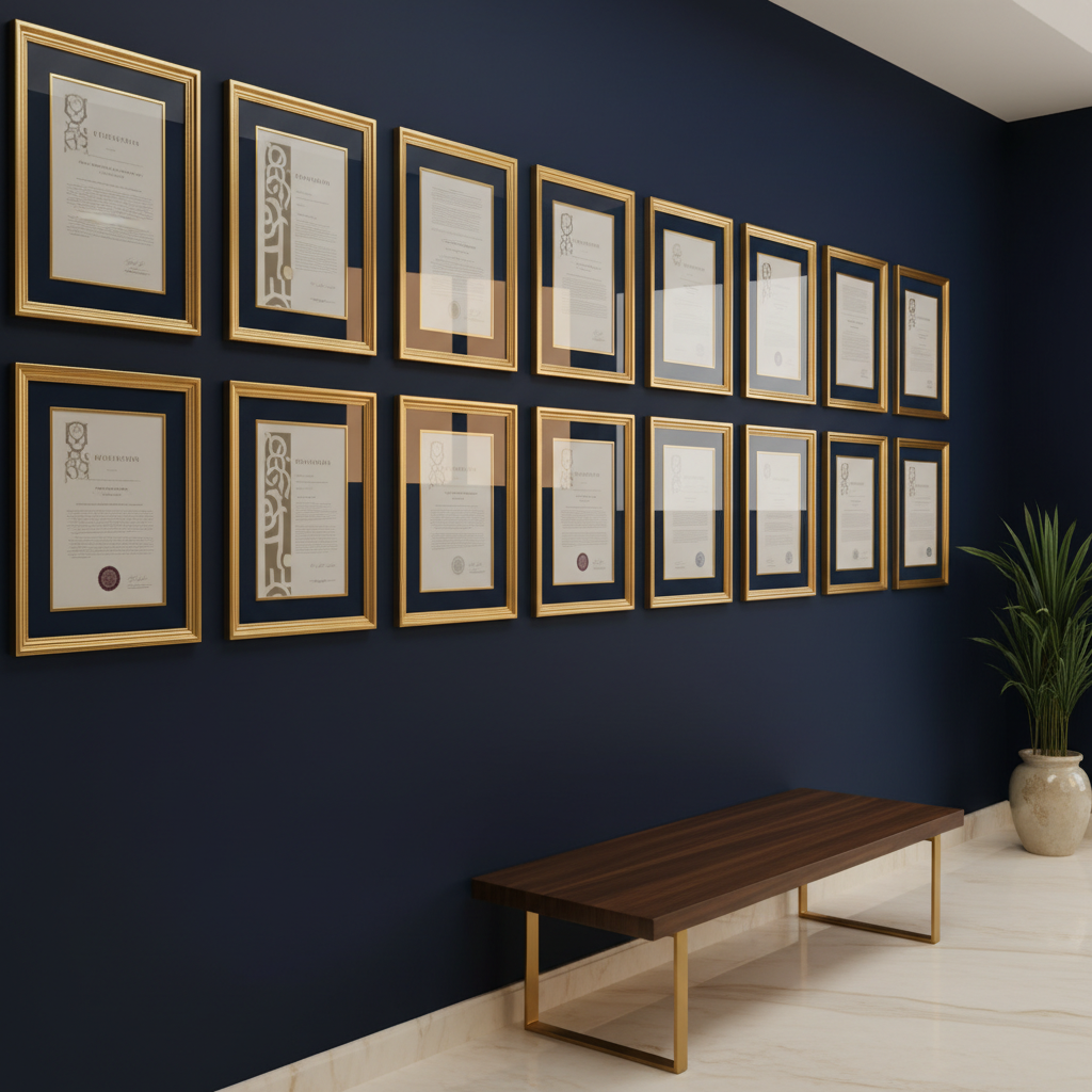 Medical certifications and credentials displayed on clinic wall