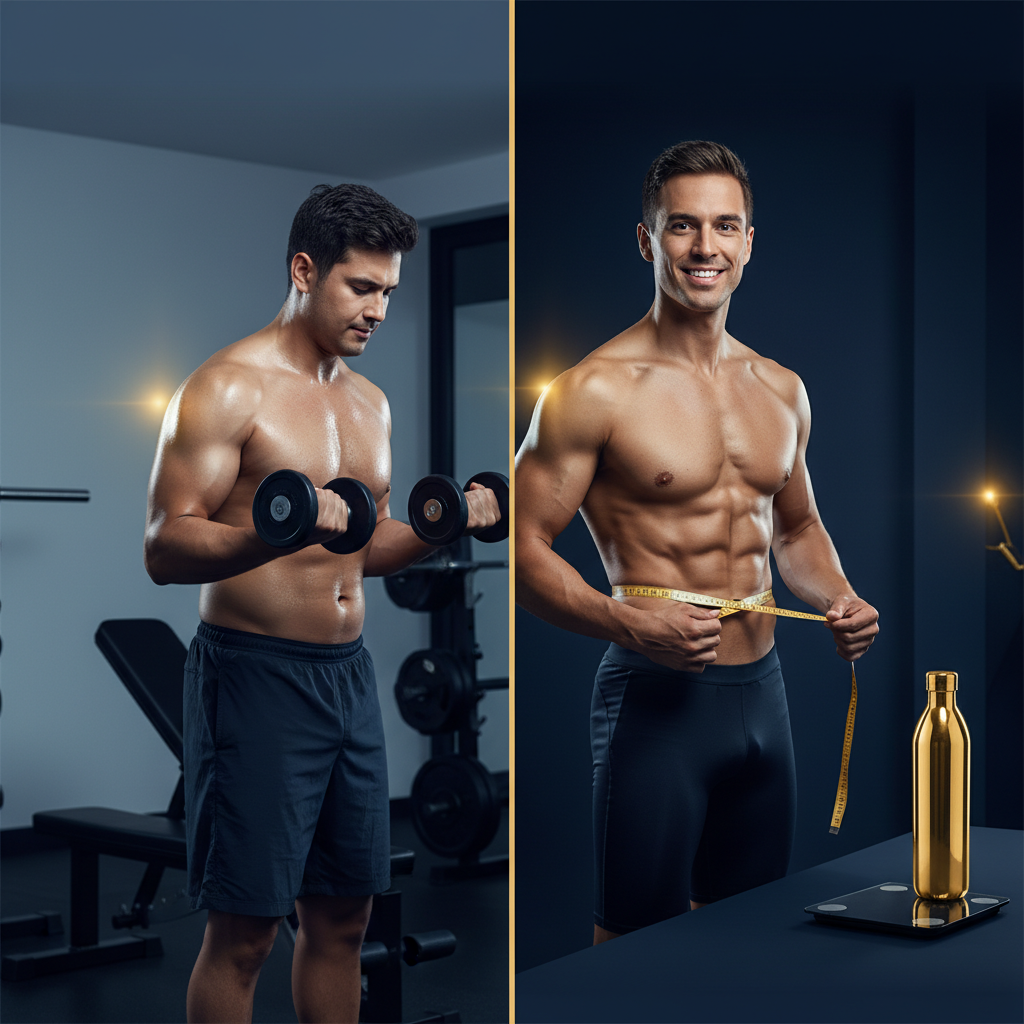 Man exercising and measuring his weight loss transformation progress