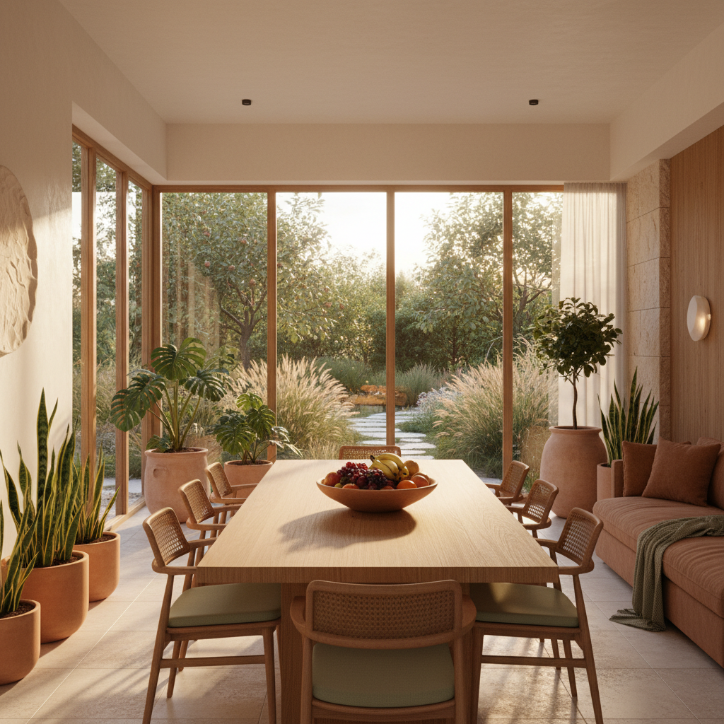 Beautiful break room with communal table and garden view