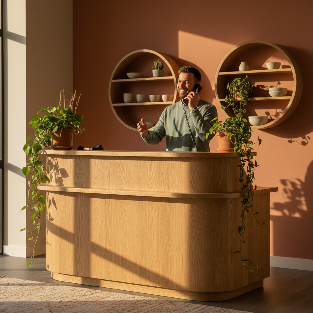 Friendly receptionist at warm clinic reception desk