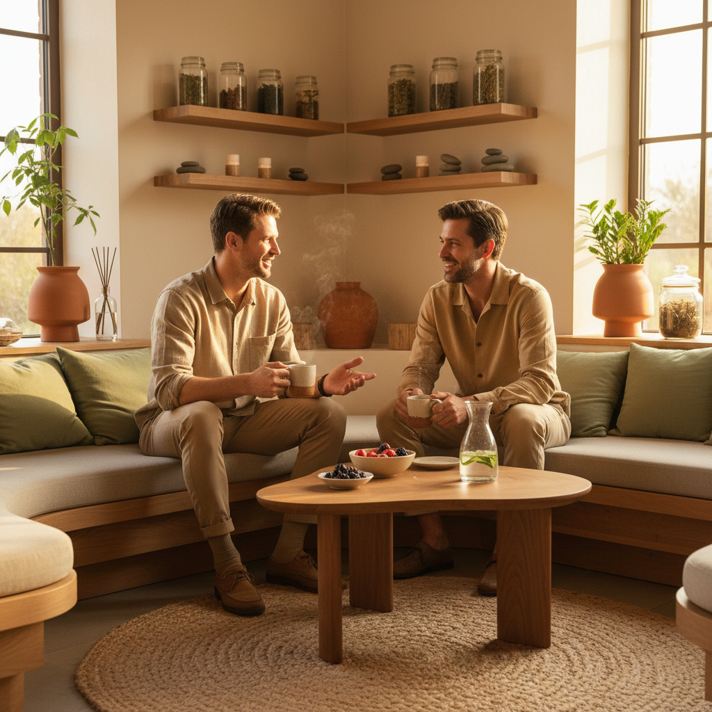 Two men chatting over coffee in a warm wellness lounge