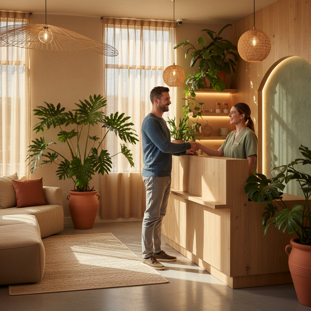 Patient welcomed at clinic entrance with green plants and warm wood accents