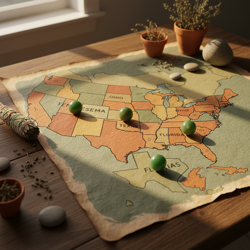 Warm illustrated map with green location pins marking clinic locations