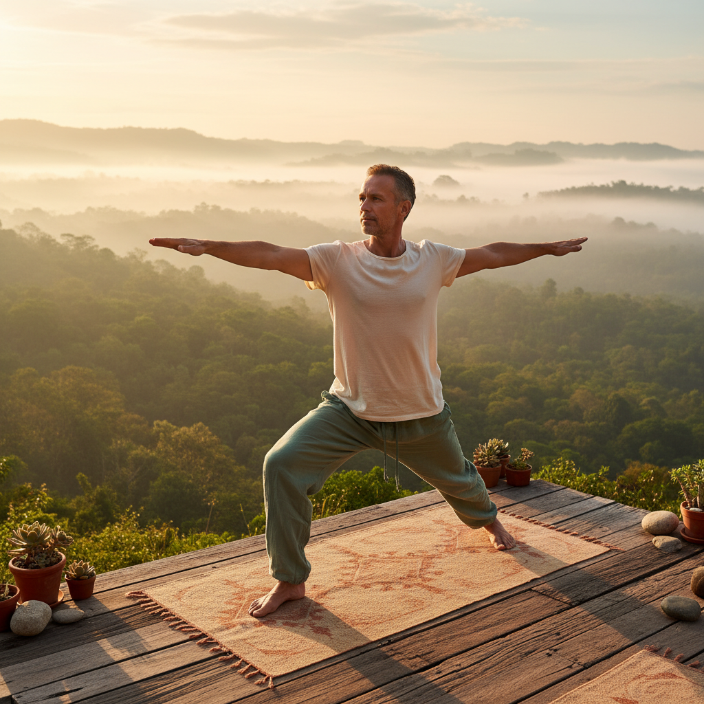 Man doing yoga on deck overlooking misty forest