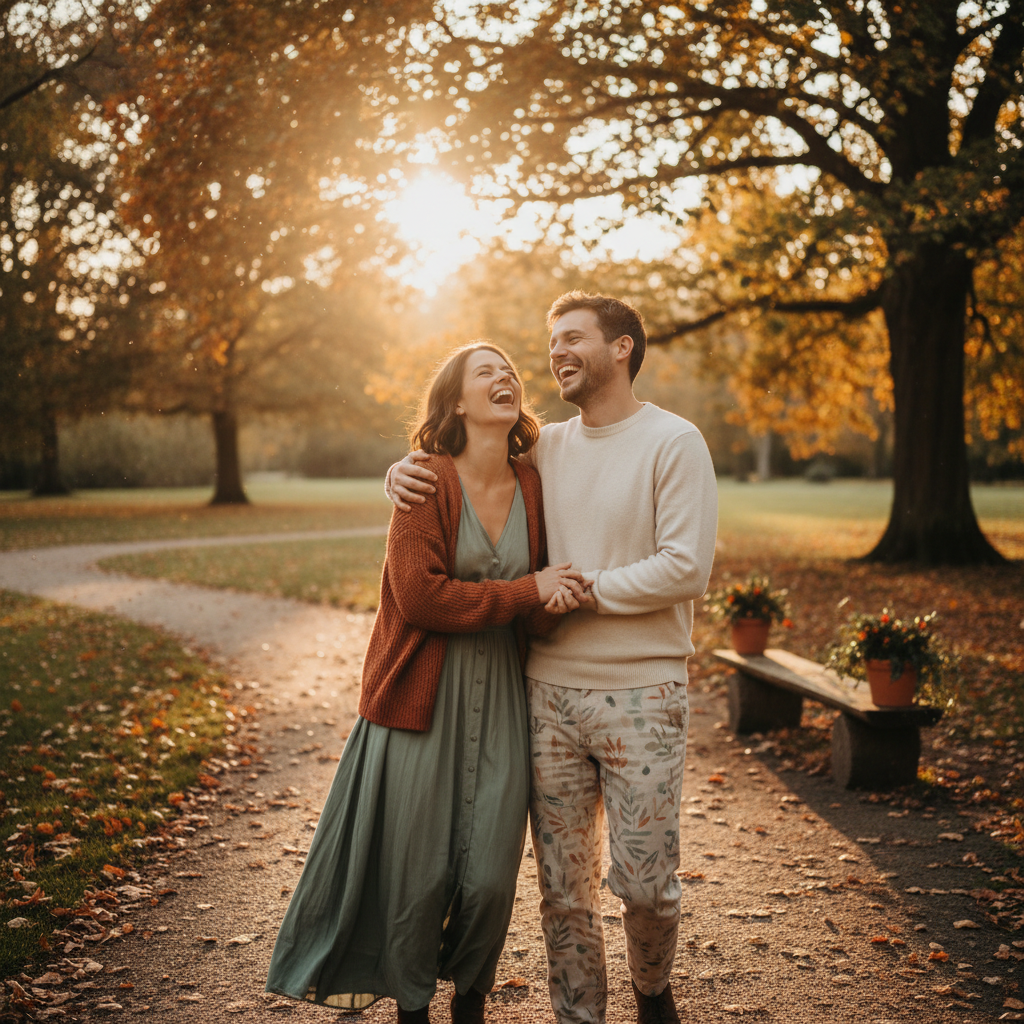 Happy couple laughing together in autumn park