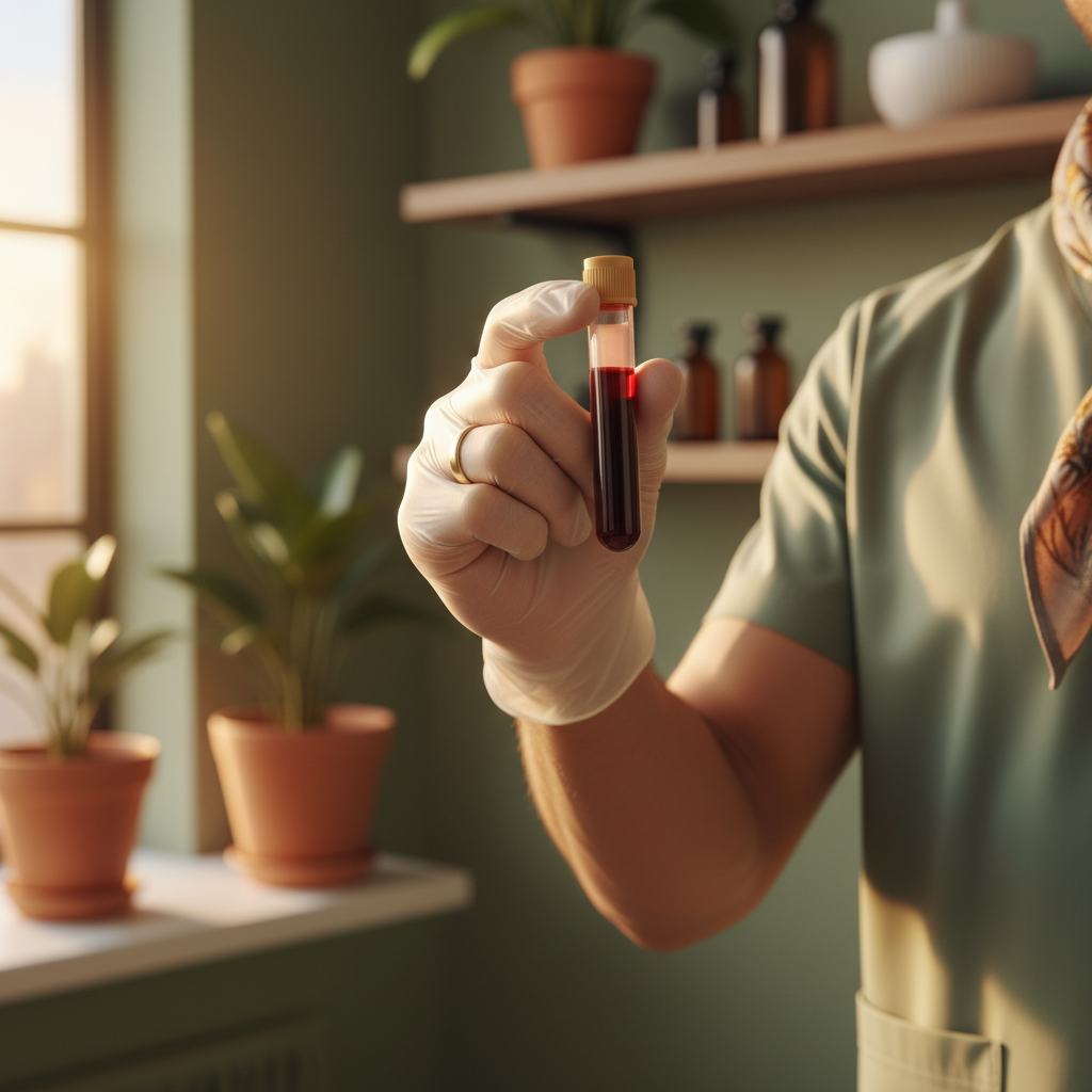 Blood test vial in warm natural light