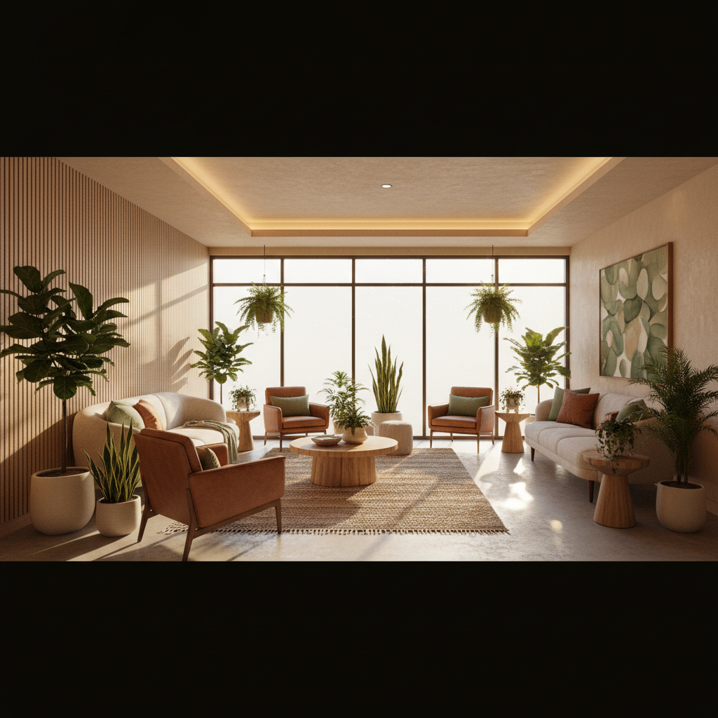 Panoramic warm clinic waiting area with natural wood and green accents