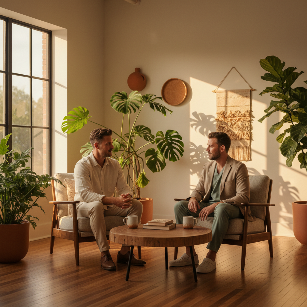 Patient consulting with doctor in warm sunlit office with plants
