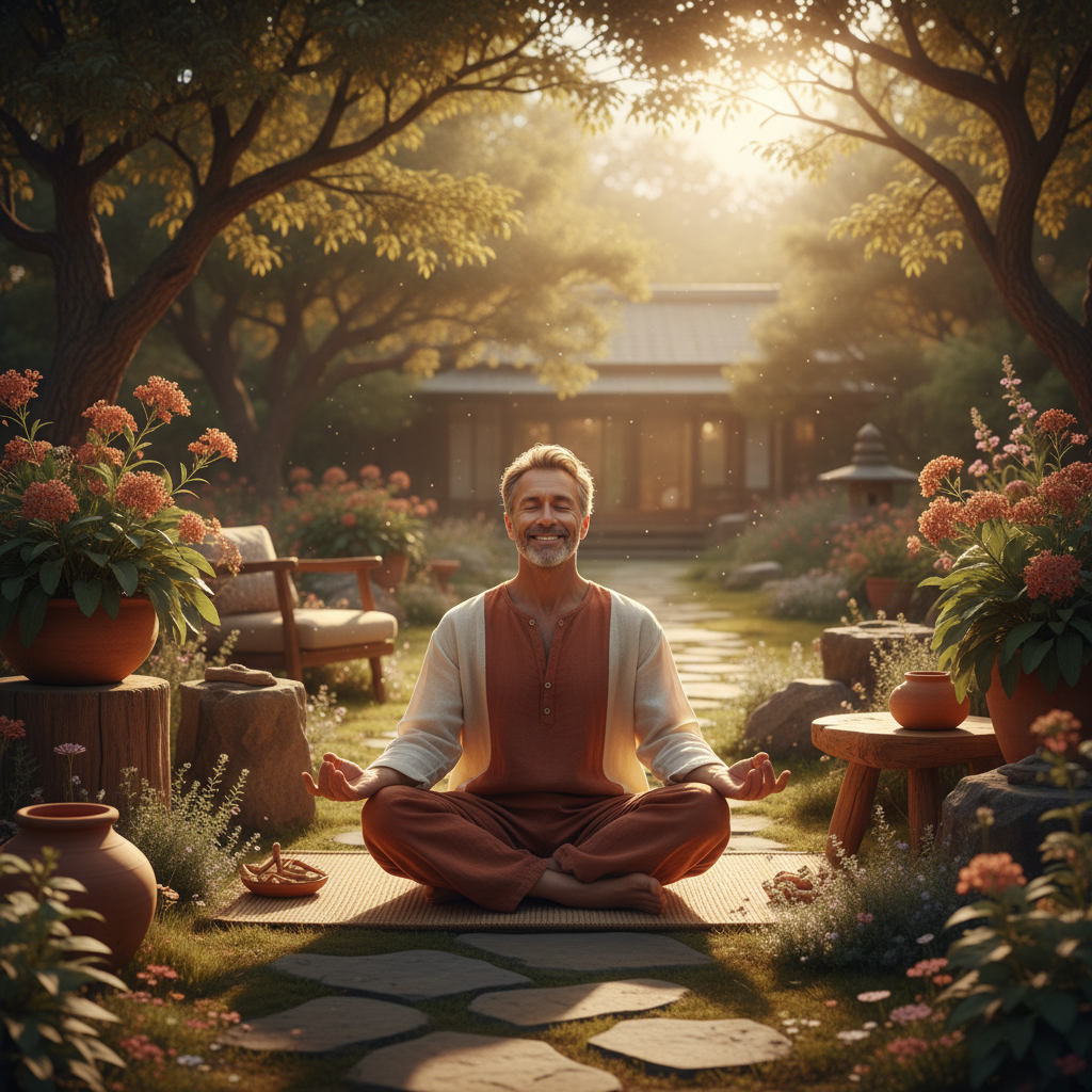 Man meditating peacefully in garden with warm morning light