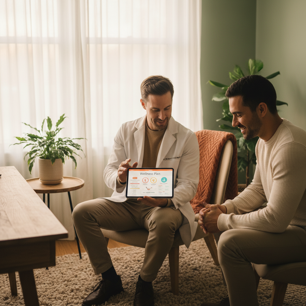 Doctor showing wellness plan on tablet in cozy room
