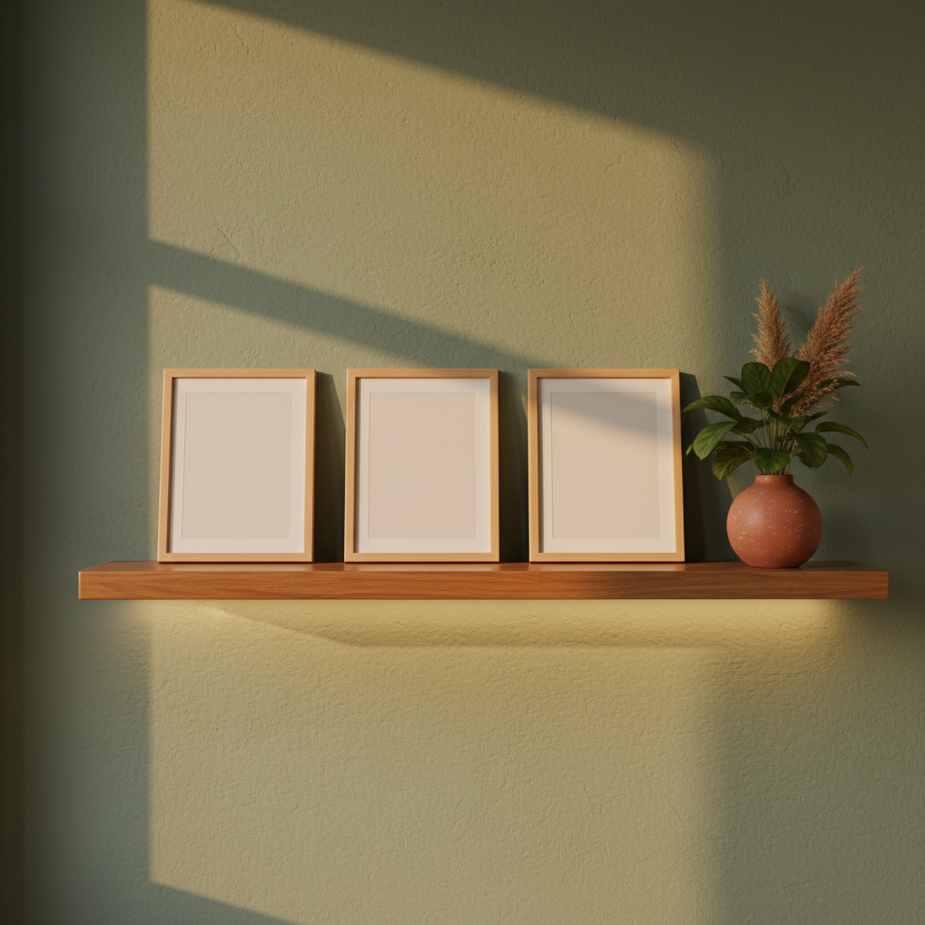Wooden shelf with framed certifications and green plant in warm clinic