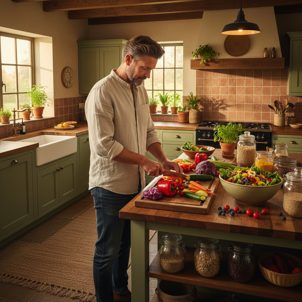 Fit man preparing healthy colorful meal in modern kitchen