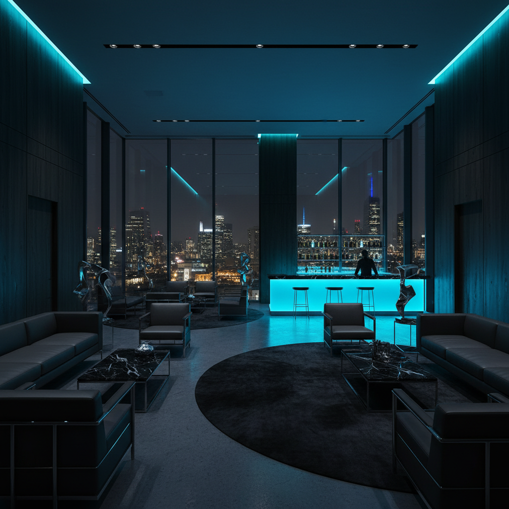 Dark corporate lounge with city night view