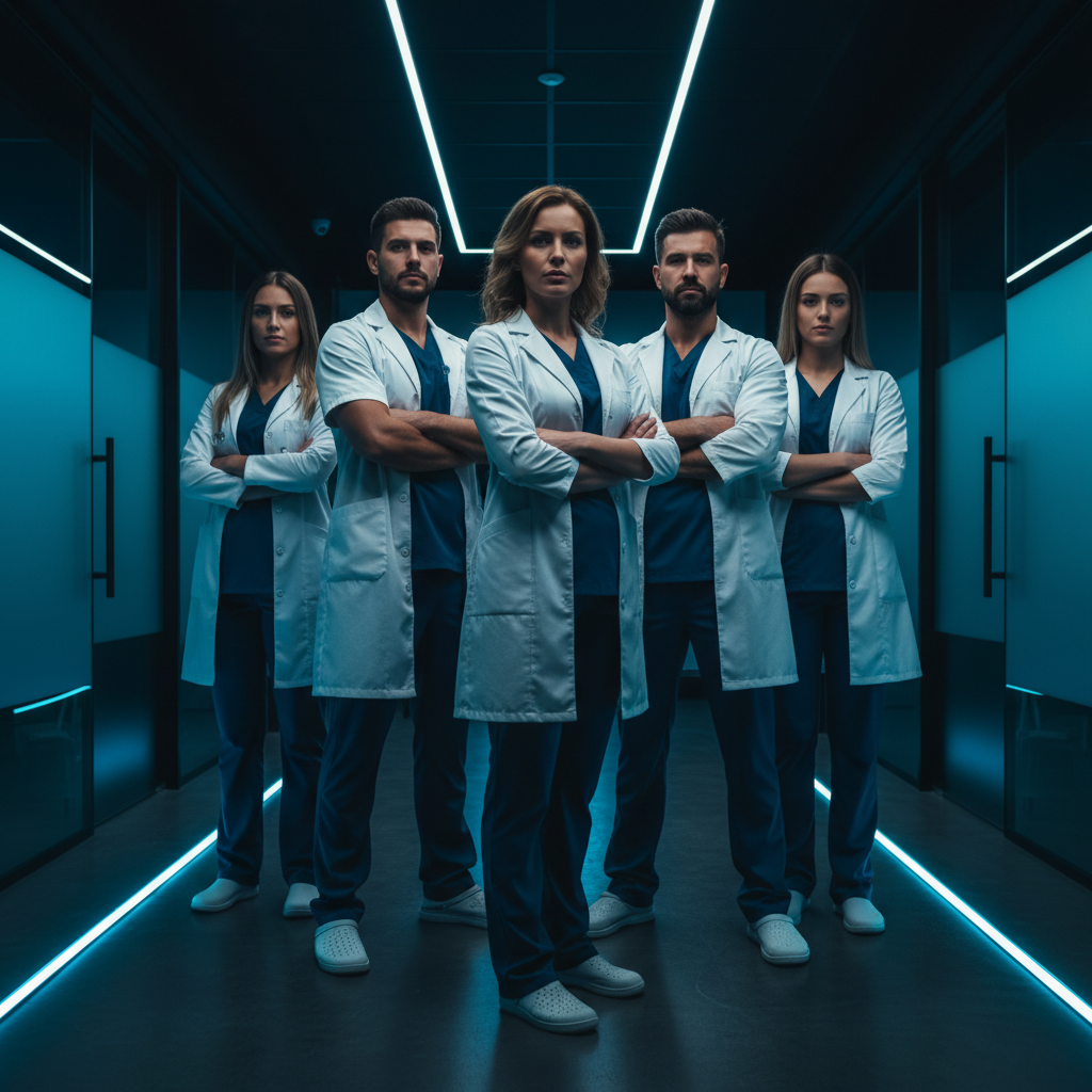 Medical team walking through dark corridor with blue accent lighting
