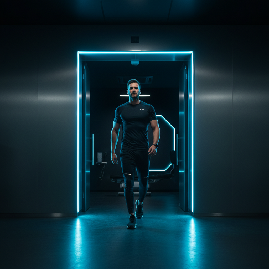 Athletic man walking into modern clinic facility with blue LED lighting