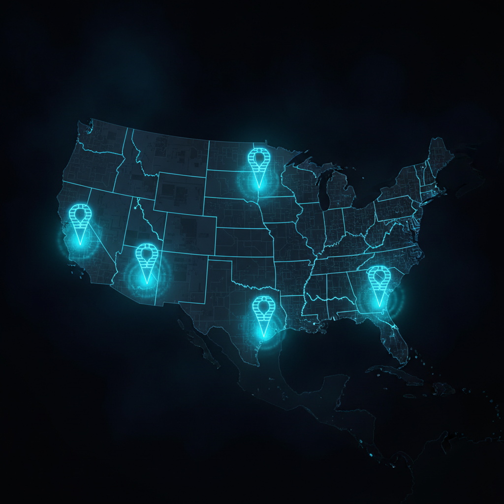 Dark digital map with blue location pins showing clinic network