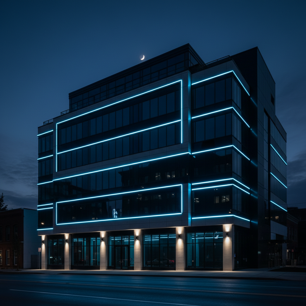 Sleek clinic building exterior at night with blue accent lighting