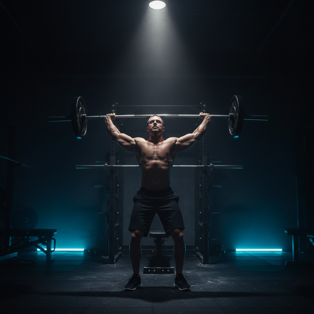 Man performing barbell press under dramatic spotlight