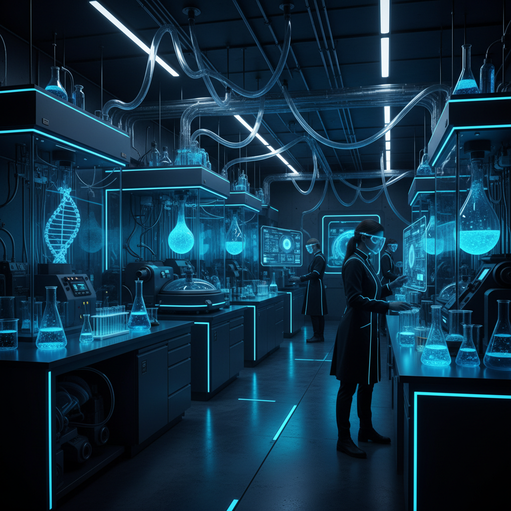Dark high-tech laboratory with blue LED diagnostic equipment
