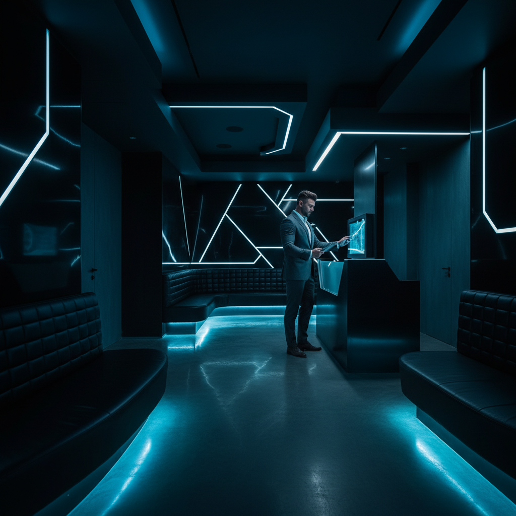 Dark premium clinic lobby with blue LED accent lighting