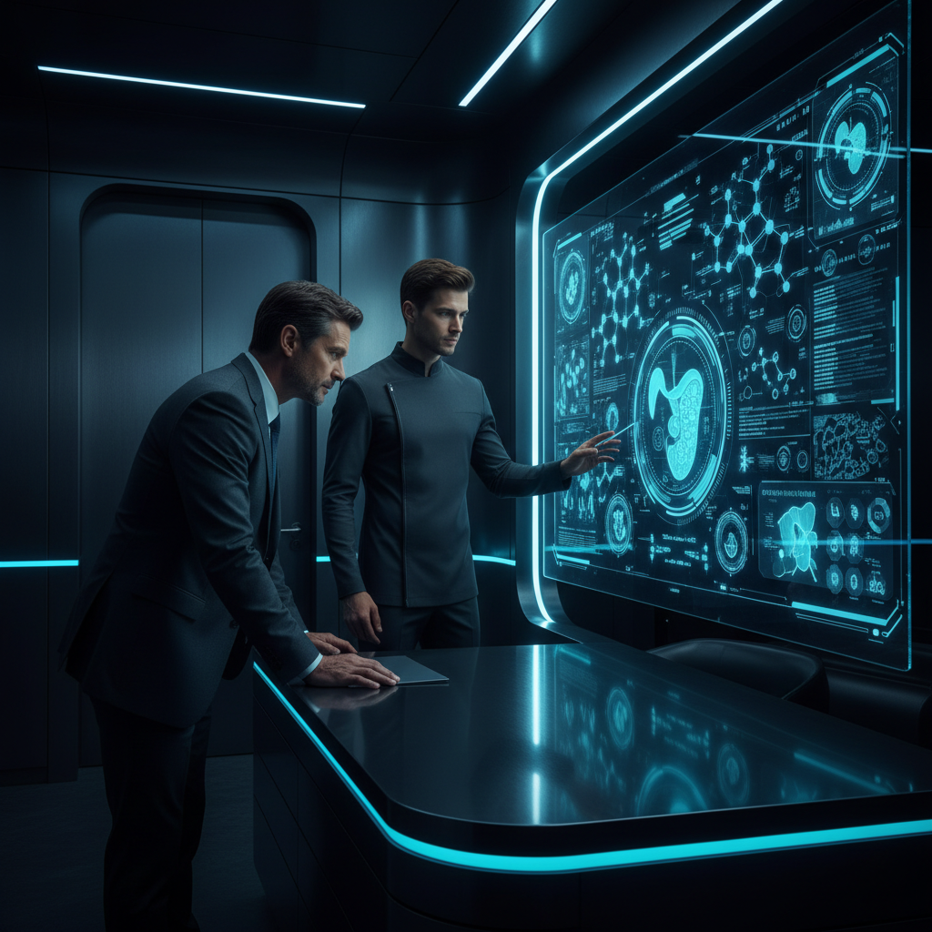 Patient and doctor reviewing diagnostic data on screen in dark office