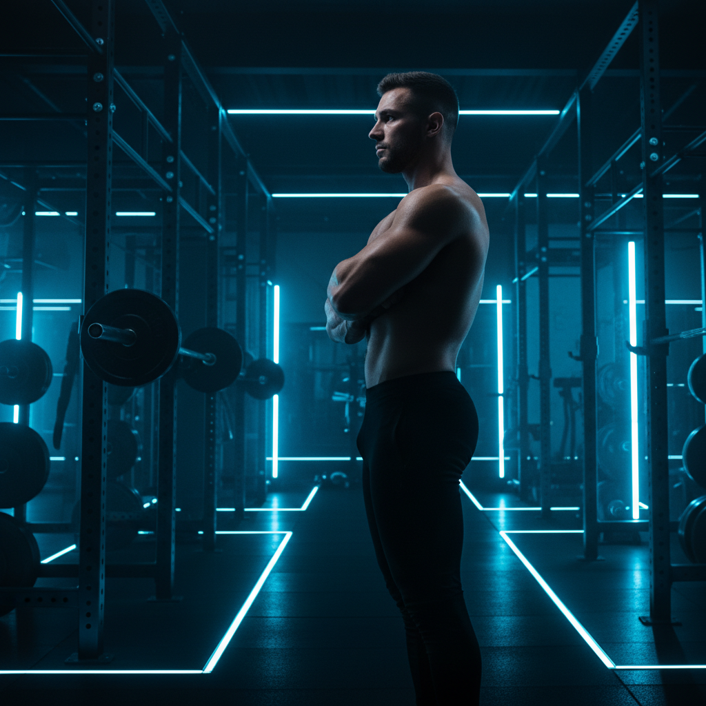 Muscular confident man with arms crossed in dark gym