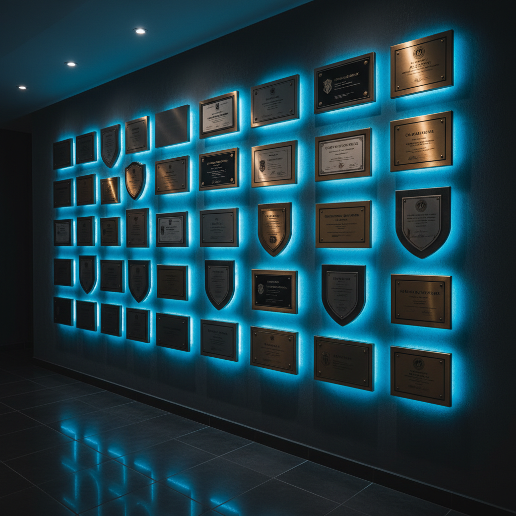 Credentials wall with blue LED backlight in clinic